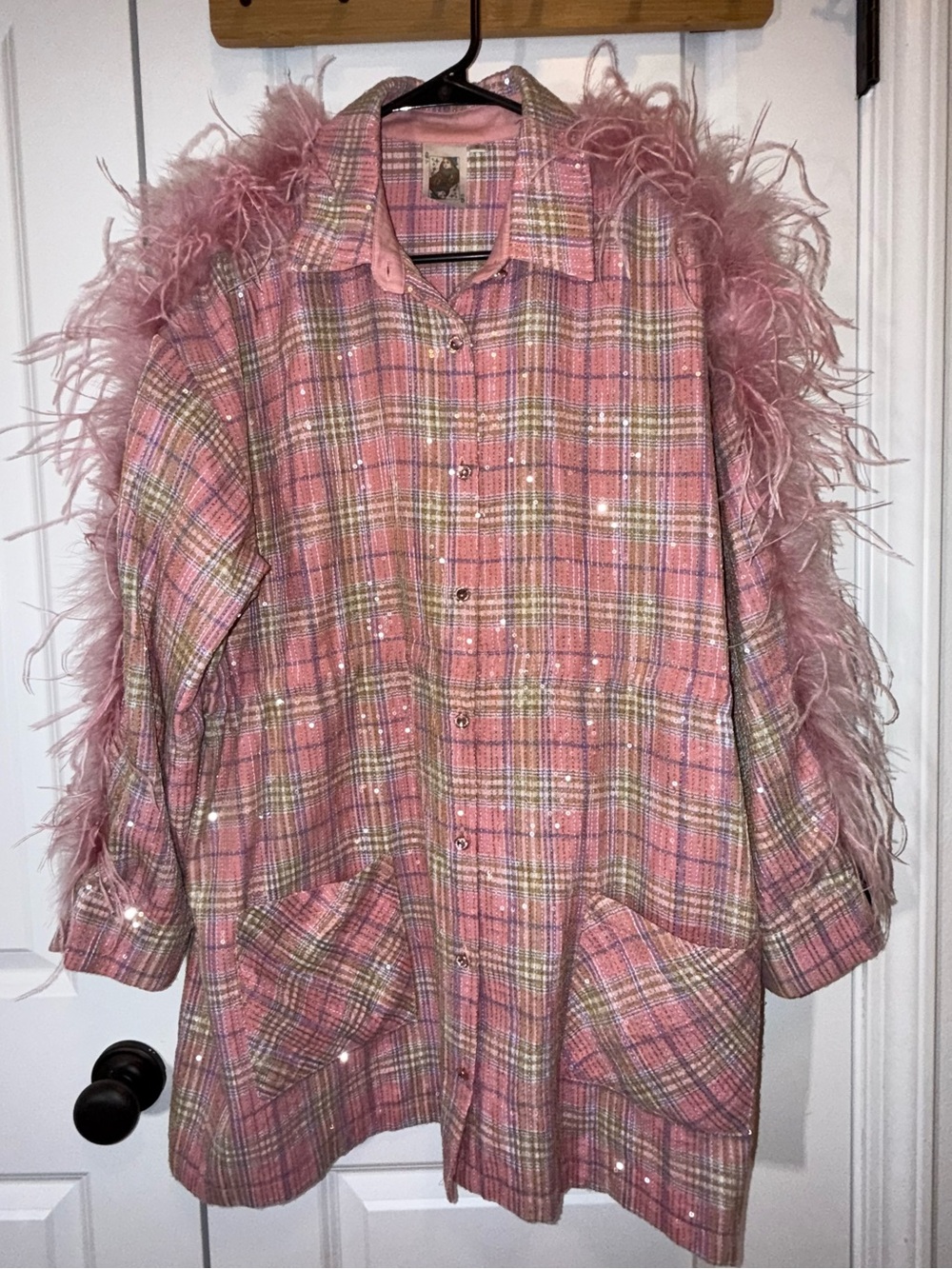Queen of Sparkles | Pink Flannel Feather Dress | Size Small - Picture 2 of 16